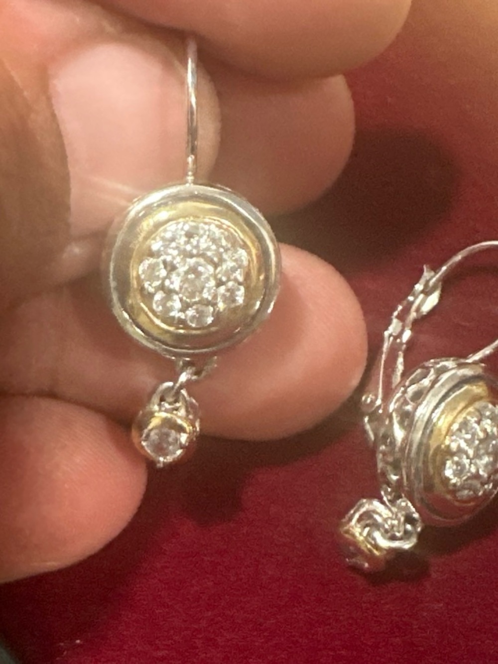 Two-Tone Silver and Gold Drop Earrings with Crystal Cluster Accent